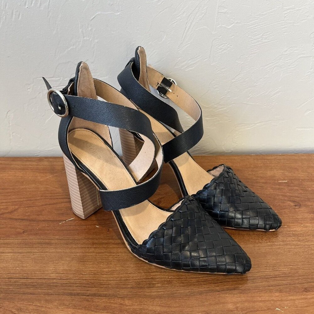 bohme Black Woven Pointed Toe Block Heel Sandals